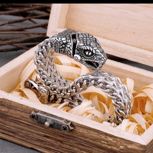 Nordic Viking Stainless Steel Snake Head Men Bracelet 9" - Picture 6 of 7